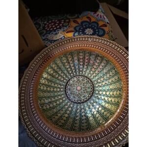 Vintage Handmade Turkey Glass Round Servibg Bowl With Intricate Gold Lace A...